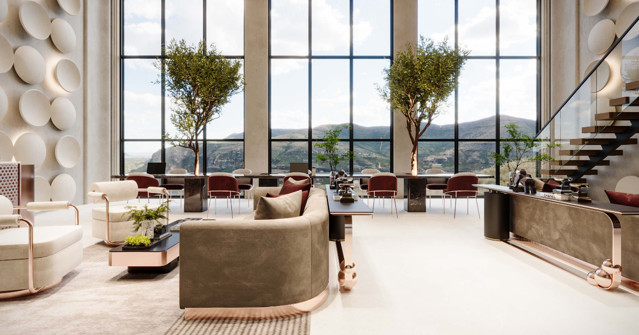 Luxor By Imtiaz Modern interior with large windows, stylish furniture, trees, and a scenic mountain view in a bright, airy space.